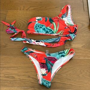 Tropical orange One-Shoulder Bikini Set